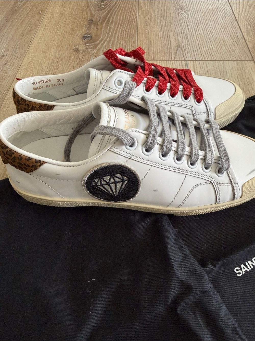 New SAINT LAURENT YSL Court Classic Leopard Appliqued Distressed Sneakers 36.5